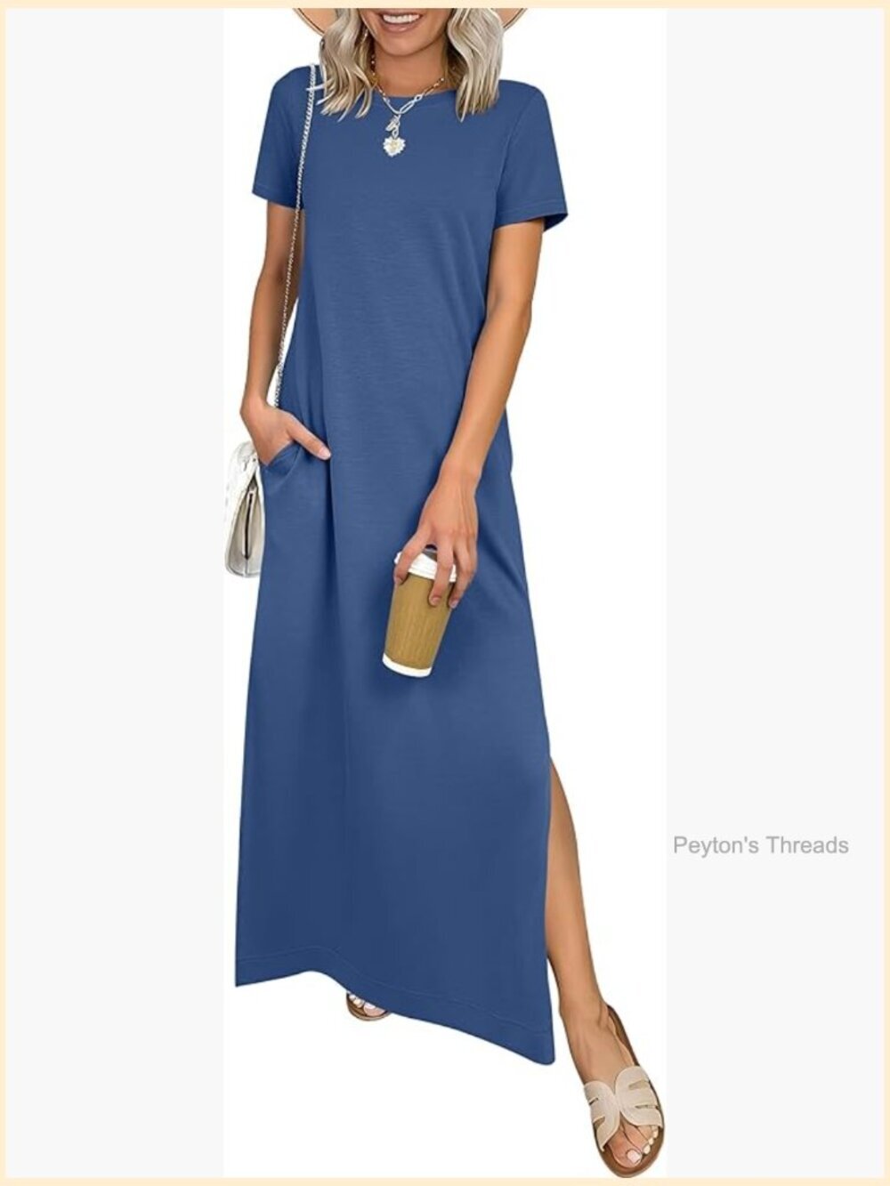 Womens Summer Casual Maxi Dress Short Sleeve Crewneck Split Wrinkle-Free Travel